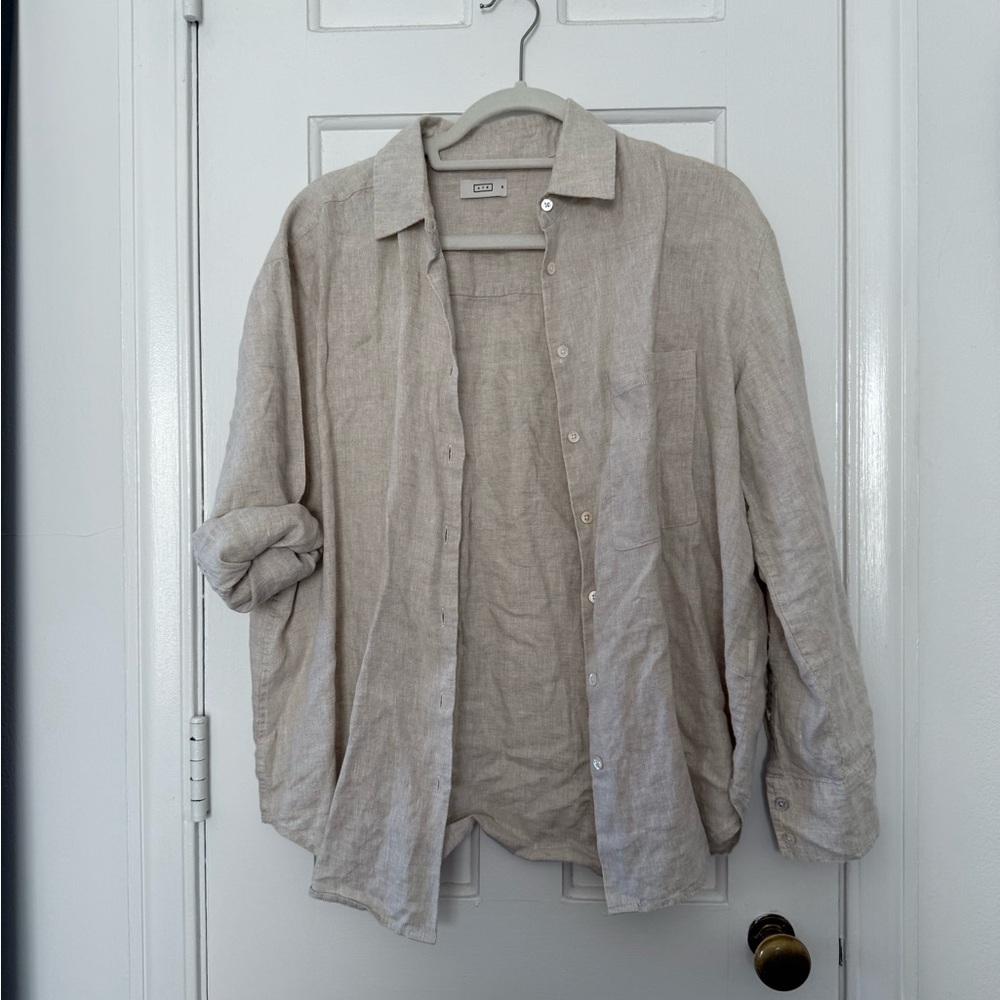 AYR Beige Linen Casual Button Down Shirt with Rolled Sleeves